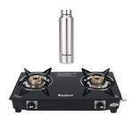 Khaitan Combo - 1 unit Khaitan 2 Burner Nano Premium Black Toughened Glass Gas Stove + 1 unit HF 1000 ml Stainless Steel Bottle