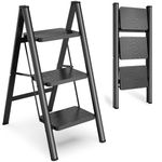 HBTower Step Ladder 3 Step Folding, Small Step Stool for Adults, Closet Step Stool Lightweight Kitchen Ladder 3 Step Ladder with Anti-Slip Wide Pedals, Black