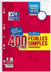 OXFORD Lot de 400 Pages Feuilles Simples Grands Carreaux Seyes Format A4 (21x29,7cm) Perforees, Blanches
