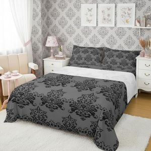 Castle Fairy Damask Adults Sheet Set King Size,Vintage Floral Exotic Bedding Set for Kids Girls Room Decor Antique Victorian Deep Pocket(Fitted Sheet + 1 Flat + 2 Pillowcases),Black Grey