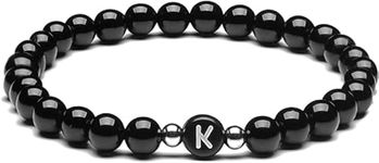 Luximal Natural Stones 6mm Black Onyx and White Howlite Handmade Letter Beads Bracelets for Women Men Initial Bracelets Gifts for Girls (Couples Bracelets,Friendship bracelets) (K)