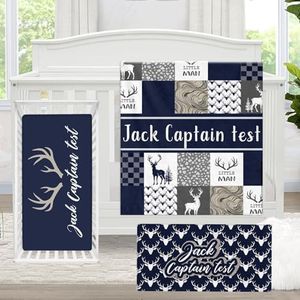 KAINSY Personalized Baby Crib Bedding Set, 3 Pcs Custom Name Leaping Woodland Deer Baby Crib Sets for Toddlers Kids Infants, Soft Nursery Bedding Set for Boys, Soft Crib Sets Personalized Gifts