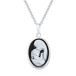 Classic Antique Style Black White Carved Oval Simple Framed Victorian Lady Portrait Mother and Child Cameo Pendant Necklace For Women Wife .925 Sterling Silver