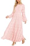 MITILLY Women's Elegant Floral Long Sleeve Round Neck Smocked A-Line Flowy Tiered Maxi Dress with Pockets, Pink, Medium