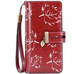 HUANLANG Large Womens Wallet Leather Vintage RFID Blocking Ladies Credit Card Clutch Wallets for Women with Wrist Strap (Leaf Wine Red)