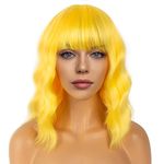LANCAINI Short Bob Wigs with Bangs for Women Loose Wavy Wig Curly Wavy Shoulder Length Bob Synthetic Cosplay Wig for Girl Colorful Costume Wigs (Yellow)