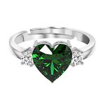 CLARA 925 Sterling Silver Dark Green Heart Ring with Adjustable Band | Rhodium Plated, Swiss Zirconia | Gift for Women & Girls