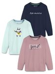 HELLCAT Multicolor Trendy Graphic Printed Typographic Cotton Blend Crew Neck/Round Neck Full Sleeve T-shirt for Girls - Pack of 3_Pink/Mint/Dark Blue_15-16 Years