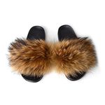 YIJIARAN Womens Luxury Real Raccon Fur Sliders Slippers Furry Slides Fashion Flat Soles Soft Summer Slippers (10, Natural Brown), Natural Brown, 10