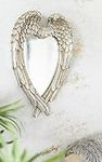 HomeZone Rustic Large Angel Wings Silver Heart Shaped Mirror - Antique Vintage Retro Shabby Chic Style Wall Mounted Feather Mirror - Decorative Home Accessories Mirror for Bedroom, Living Room Decor