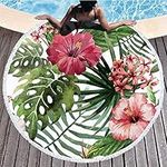 Boyouth Round Beach Towel,Pink Hibiscus Rosa-sinensis and Tropical Leaves Pattern Printing Beach Mat with Tassels Ultra Soft Super Water Absorbent Multi-Purpose Towel,59 inch-Diameter