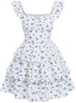 RoseSeek Girl's Floral Summer Dress Ruffle Shirred High Waist Dress Ruched Sweetheart A Line Spring Dress Blue and White 7 Years
