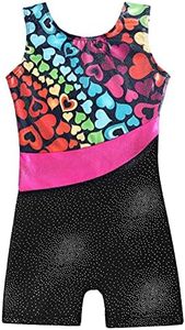 Belovance Leotards for Girls Gymnastics with Shorts Sparkle Butterfly Flowers Pattern Sleeveless Biketards Hotpink Black, Rainbow Heart, 2-3 Years