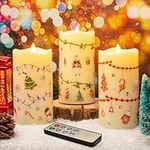 Eywamage Santa Deer Christmas Flameless Pillar Candles with Remote, Battery Operated LED Candles Set of 3