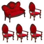 5 Pcs 1:12 Miniature Dollhouse Furniture, Include Vintage Red Wooden Carved Sofa Couch 4 Pcs Wooden Carved Single Sofa Chairs Retro Red Armchairs for Living Room Bedroom Kitchen Birthday Decoration