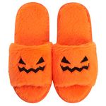 Sanfiago Women Slippers with Cartoon Funny Face Furry Memory Foam Non-slip Rubber Sole Soft Slip on Halloween pumpkin Home Shoes Indoor and Outdoor Gifts for Girls Ladies