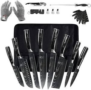 FULLHI Knife Set, 14pcs Japanese Knife Set, Multiple Colour Ergonomic Handle Premium German Stainless Steel Kitchen Knife Set with Roll Bag (Black Resin Handle)