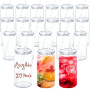 Maucircol 16 Oz Acrylic Can Tumbler, 20 Pack Plastic Clear Cup Beer Can, Plastic Mason Jar with Clear Lid
