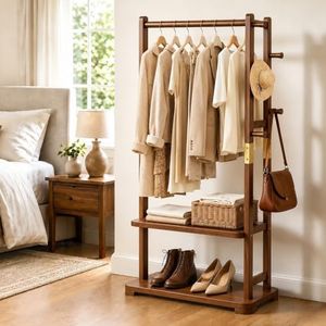 Taitiy Solid Wood Clothes Rack with 2 Shelves & 4 Hooks for Hanging Clothes Wallets Hats, Clothing Rack Heavy Duty Coat Rack Freestanding with Storage for Hallway Bedroom Living Room