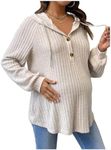 MakeMeChic Women's Maternity Sweatshirt Drawstring Button Long Sleeve Knitted Hoodie Pullover Pregnancy Tops Khaki XX-Large