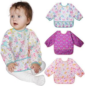 Lictin 3 Pcs Babero con Mangas Impermeable- Babero de Manga Larga con Escote Ajustable,para Bebes de 0 hasta 24 Meses
