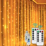 [2 Pack] Curtain Lights, 600 LED Fairy Lights, 12 Modes Waterproof String Twinkle Lights, USB Powered Hanging Lights for Wall Christmas Party Indoor Outdoor (9.8 x 9.8 Ft) (Warm White, 8 Modes)