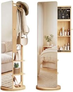 Mansfieler 69" H×20" W Solid wood Mirror Jewelry Cabinet,360°Swivel Jewelry Organizer,Jewelry Armoire Cabinet Standing,Full Length Mirror With Storage&Coat Rack,Nature