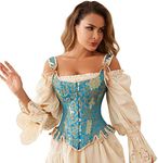 Charmian Women's Victorian Vintage Steel Boned Brocade Lace Up Bustier Overbust Corset Top with Straps Blue/Gold X-Large