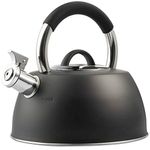 VonShef Stove Top Kettle, Stainless Steel Whistling Kettle, Matte Black 2.5L Induction Kettle, Hob Kettle with Stay Cool Handle & Grip, Suitable for All Hob Types