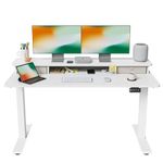 FEZIBO Height Adjustable Electric Standing Desk with Double Drawer, 55 x 24 Inch Stand Up Table with Storage Shelf, Sit Stand Desk with Splice Board, White Frame/White Top