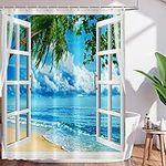 Tropical Beach Shower Curtain Summer Seaside Scenery Hawaiian Palm Tree Ocean Island Bath Curtains White Wooden Window Polyester Waterproof Bathroom Decor Shower Curtain Sets with Hooks 72x72 Inch