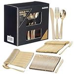 MATANA - 360 Elegant Gold Plastic Cutlery Set - 120 Knives, 120 Forks, 120 Spoons - Hand Washable, Reusable & Heavy Duty Tableware for Weddings, Birthday, Parties & Events