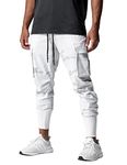 DIOTSR Men's High Ribbed Cargo Workout Jogger Pants Stretchy Running Gym Pants with Zipper Pockets (Camo White Large)