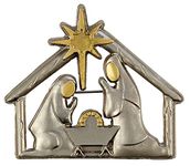 Religious Gifts Two-Tone Silver Toned Base Christmas Nativity Stable Lapel Pin, 1 7/8 Inch