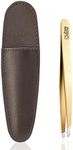 Rubis Gold Tweezers - Eyebrow Tweezers Slanted in Brown Leather Tweezers Case - Professional Tweezers for Eyebrow Plucking