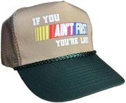 FUNNY TRUCKER HATS Drive Fast Eat Ass Hat Snapback Trucker Hat for Men or Women, Vintage Fit with Funny Novelty Graphic, Custom Mesh Hat, Green/Beige, Medium-X-Large