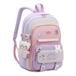 Tanou School Bags for Girls, 20 Liter Kawaii Girls School Backpack with Cute Pendant, Water-resistent Kids Bookbag Girl Rucksack for Primary Junior School, Purple