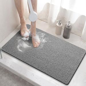 HITSLAM Tapis de Douche Antiderapant, 60x40cm Tapis de Baignoire Antidérapant avec Drain, Doux PVC Luffa Tapis de Bain pour Salle de Bain, Séchage Rapide, Gris