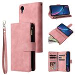 UEEBAI Wallet Case for iPhone XR, Premium Vintage PU Leather Magnetic Closure Handbag Zipper Pocket Case Kickstand Card Holder Slots Wrist Strap TPU Shockproof Flip Cover for iPhone XR -Pink