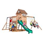 Backyard Discovery Montpelier All Cedar Wood Swing Set, Upper and Lower Deck, Peaked Roof, White Trim Bay Windows, Full Door, 8ft Super Speedy Slide, Monkey Bars, Flat Step Ladder, with Belt Swings