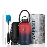 WAPEST Insulated Water Bottle 64 oz with Paracord Handle & Bottle Brush, 64 oz Double Wall Vacuum Stainless Steel Water Flask Jug Metal Canteen with 2 Lids and Carrying Pouch, Leakproof, Red&Navy