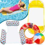 Lubibi 4 Pack Inflatable Pool Floats Set with 2 Water Hammock, 1 Swimming Ring, 1 Beach Ball, Unique Fruit Designs - Perfect for Summer Pool Parties Decorations, Summer Gift For Kids And Adult