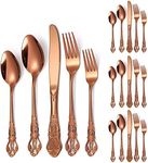 A · HOUSEWARE Royal Flatware Set for 4 Copper/Rose Gold Silverware Stainless Steel Cutlery 20 Piece With Vintage Relief Deisgn Kitchen Utensils Retro Forks Spoons Knives Parties Daily Use