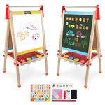 Kids Wooden Art Easel Double-Sided Whiteboard and Chalkboard Adjustable Standing Easel Painting Drawing Board with Paper Roll Holder Magnetic Letters and Numbers Accessories for Boys and Girls