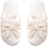 OYOANGLE Women's Bow Decor Round Toe Fuzzy Slippers Plush Home Slippers Indoor Bedroom Warm Slippers White 7.5