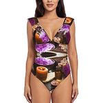 PIXOLE Lavender Flower and Spa Salt Print Women One Piece Swimsuits Tummy Control Bathing Suit Ruffle V Neck Swimwear Slimming