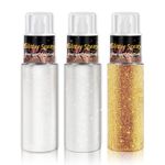 AWCCXMYM 3Pcs Body Glitter Spray Shimmer Face Body Hair Eye Clothes Glitter Sparkle Spray Paint Powder For Brightening Highlighter Contouring Glowing Radiance (White + Silver +Gold)