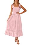 ZESICA Women's 2024 Summer Boho Spaghetti Strap Square Neck Solid Color Ruffle A Line Beach Long Maxi Dress, Pink, Medium