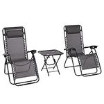 Outsunny 3pcs Folding Zero Gravity Chairs Sun Lounger Table Set w/Cup Holders Reclining Garden Yard Pool, Dark Grey