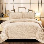 Heavy Quilted Bedspread 3pcs Large Bed Throw with Hypoallergenic Pillow Set - Luxurious Super King Size Bed Throws and Bedspreads Velvet- Beige